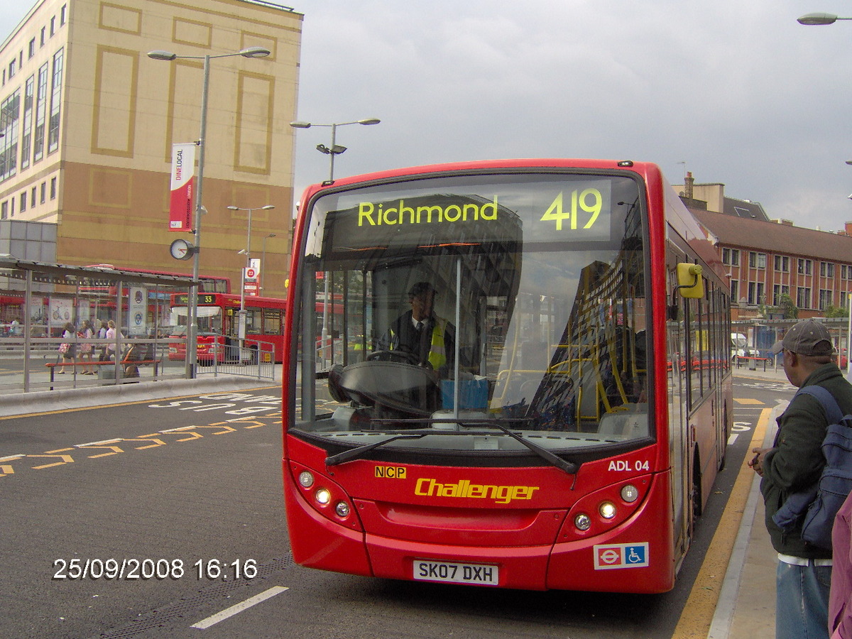 419 From Butterwick Bus Station to Mortlake Brewery. National Car Parks Challenger ADL04 SK07DXH.